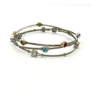 Vintage Guitar String Wire Bangle Bracelets Set of 3 Rhinestone Accents Silver